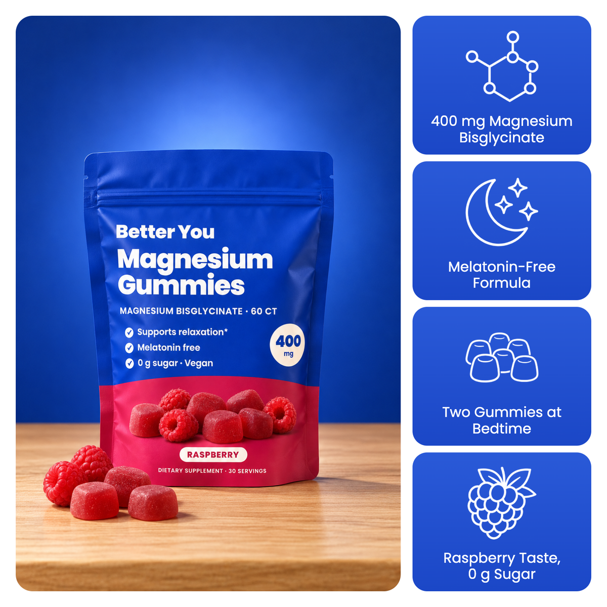 Better You Magnesium Bisglycinate Gummies pouch, raspberry flavor, 400 mg per serving