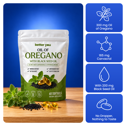 Better You Oil of Oregano softgels with key facts