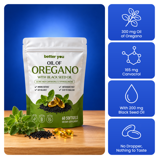 Better You Oil of Oregano softgels with key facts