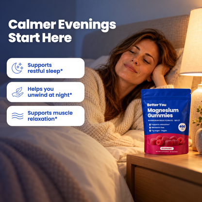 Woman relaxing in bed at night with Better You magnesium gummies on the nightstand