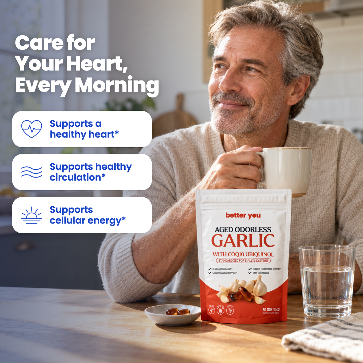 Man enjoying his morning coffee with Better You aged garlic softgels on the table