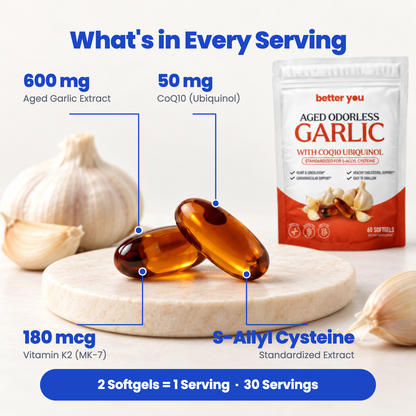 Two softgels: 600 mg aged garlic extract, 50 mg CoQ10, 180 mcg vitamin K2