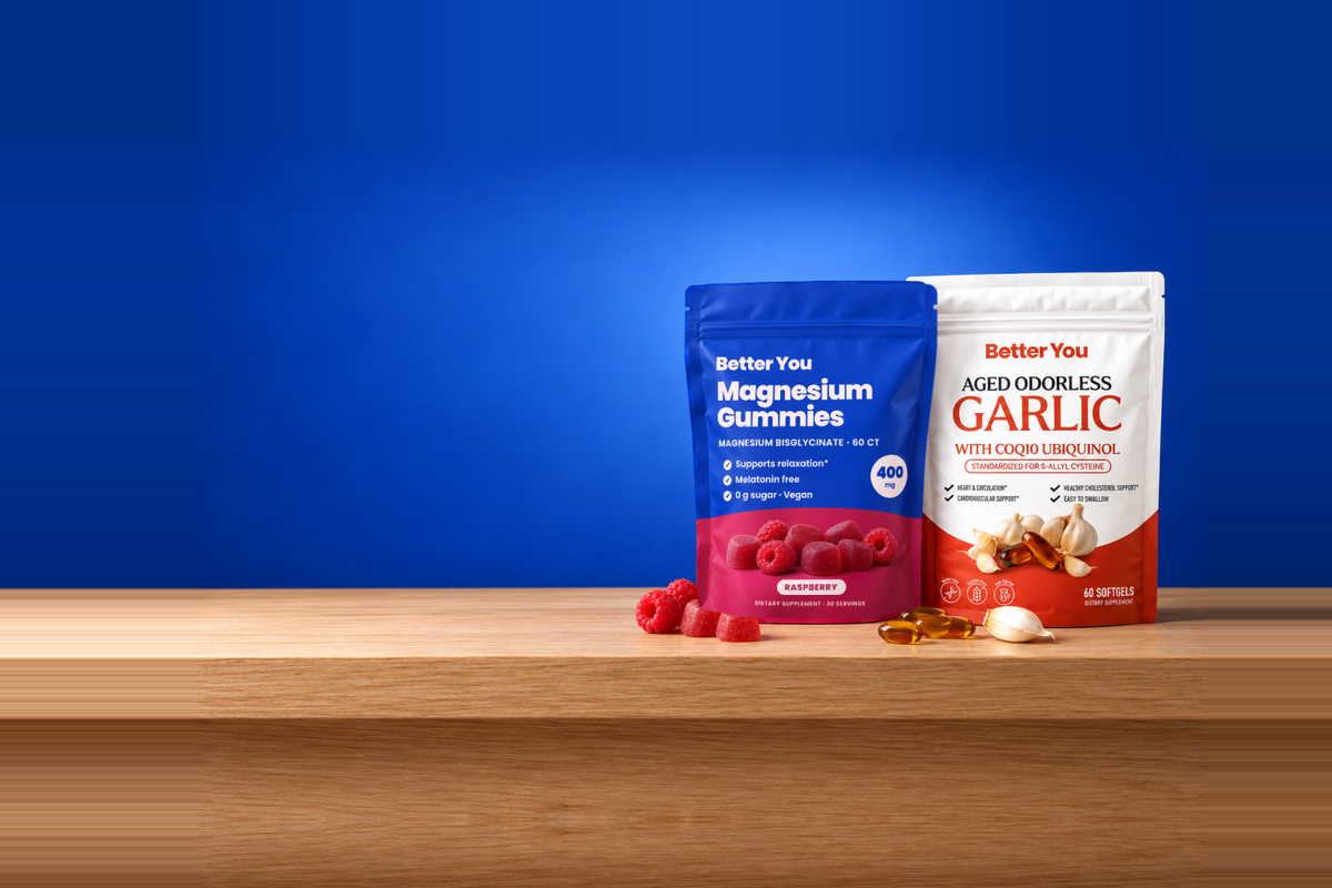 Better You magnesium gummies and aged garlic pouches on a shelf